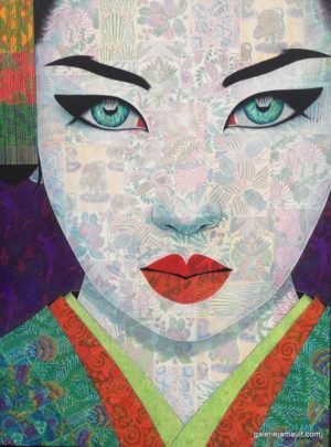Tableau de Pauline GAGNON, portrait féminin vertical. Titre TOKIKO. Evocation de la geisha. Arrière plan floral.