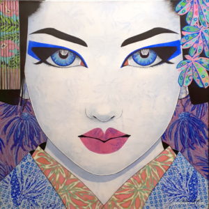 Tableau de Pauline Gagnon, portrait femme, carré, tons bleu et violet. Titre "Nako"