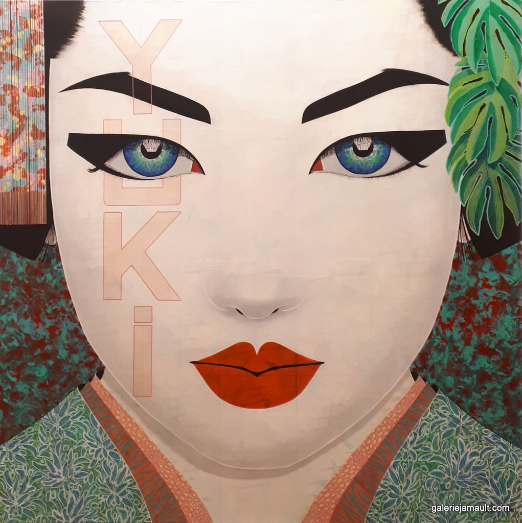 Tableau de Pauline Gagnon, portrait femme évoquant la geisha, format carré, avec lettrage. Titre : "Satsuki"