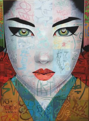 Tableau de Pauline Gagnon, portrait féminin vertical avec tags graffitis