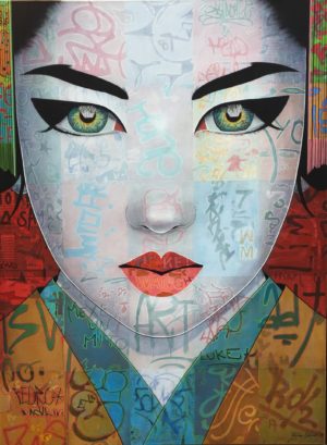 Tableau de Pauline Gagnon, portrait féminin vertical avec tags graffitis