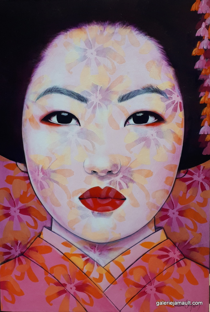 Portrait féminin dans les tons rose/orangés. Œuvre de Pauline Gagnon. Evocation de la geisha.