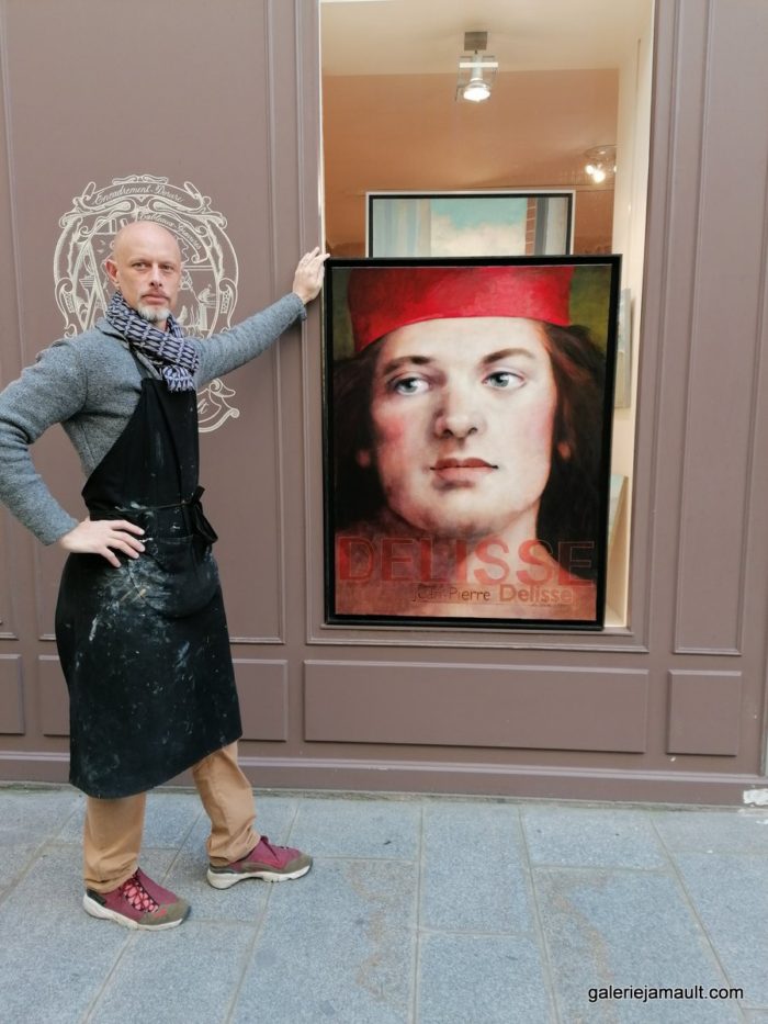 Photo représentant un tableau hommage de Pauline Gagnon à Jean-Pierre Delisse. Technique mixte. Tableau présenté par le galériste en extérieur.
