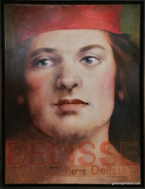 Photo représentant un tableau hommage de Pauline Gagnon à Jean-Pierre Delisse. Technique mixte.
