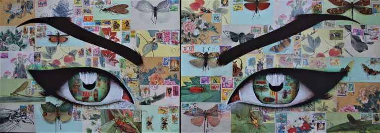 Diptyque réalisé par Pauline Gagnon. Haute de visage (regard) sur fond de collages d'images de coléoptères.