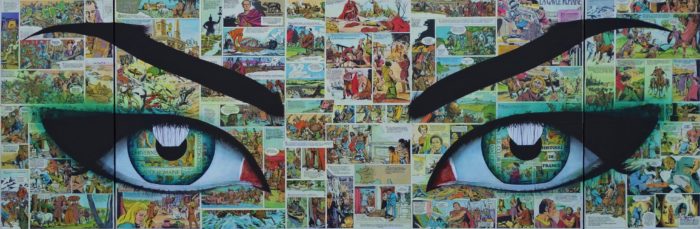 Triptyque de Pauline Gagnon "Histoire de France" : haut de visage (regard) sur fond de collages de bandes dessinées évoquant l'histoire de France.