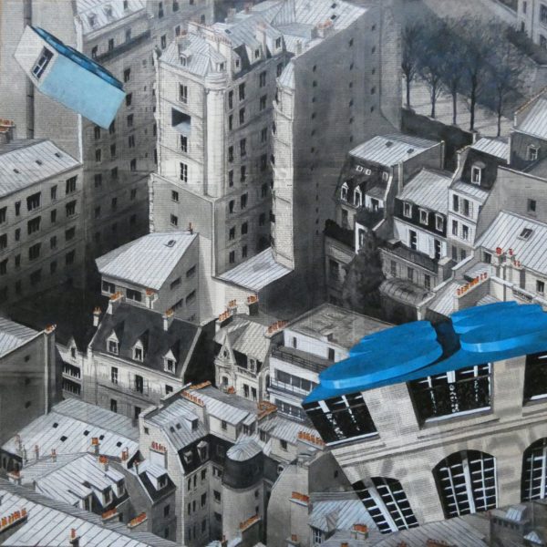 CHANSAREL-JAMAULT-Epreuve de l’irréel 10sur19-80×80-2021 🔴 (vendu) Œuvre unique de Guillaume CHANSAREL, peinture et collage