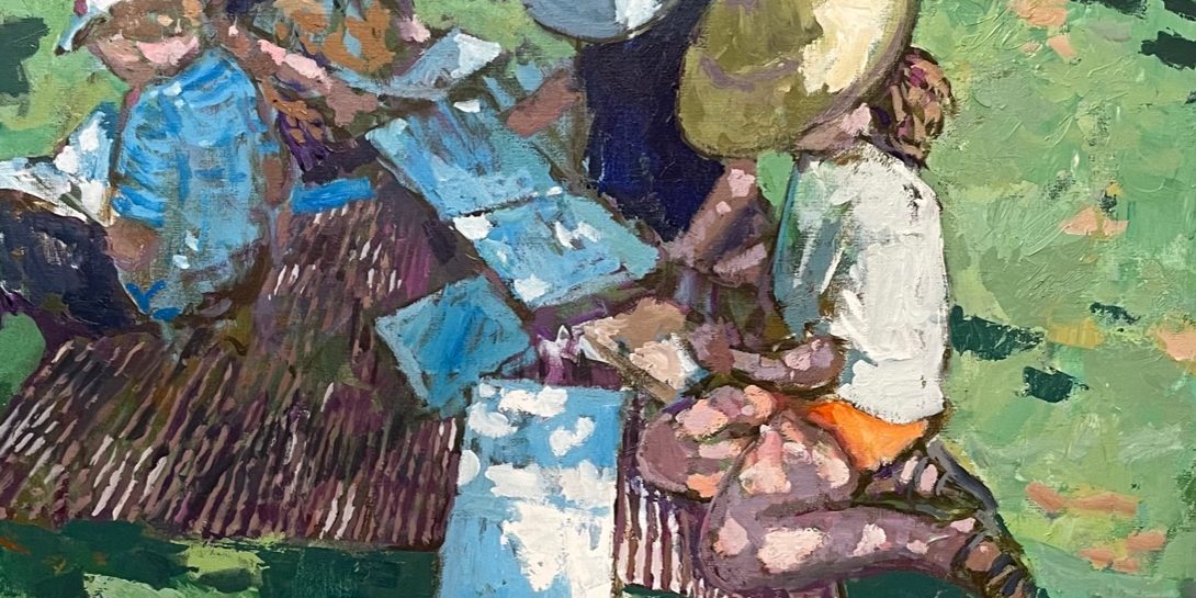 J MACKEOWN – Galerie Jamault – Le pique-nique des livres 40P 100×73 🔴 (vendu) Tableau original de James Mackeown (peinture à l'huile sur toile) présenté à la Galerie Jamault de Paris