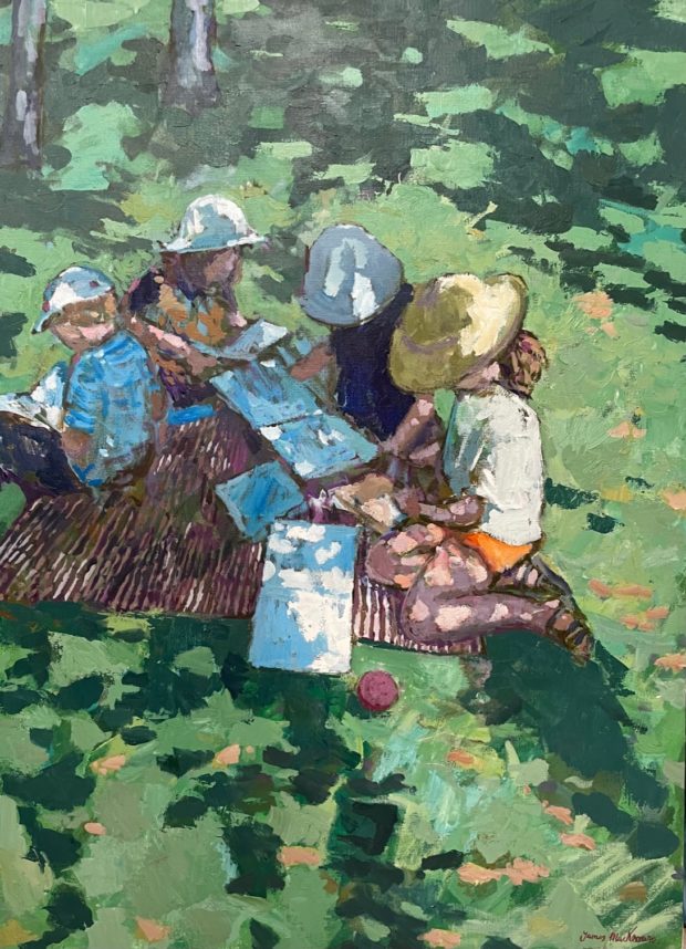 J MACKEOWN – Galerie Jamault – Le pique-nique des livres 40P 100×73 🔴 (vendu) Tableau original de James Mackeown (peinture à l'huile sur toile) présenté à la Galerie Jamault de Paris