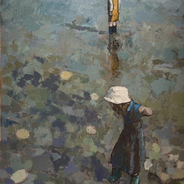 J MACKEOWN – Galerie Jamault – Marée basse, le petit bob blanc – 30P – 92x65cm 🔴 (vendu) Œuvre de James MACKEOWN - huile sur toile, format vertical