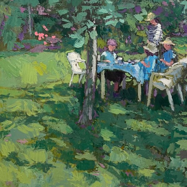 J MACKEOWN – Galerie Jamault – Sous les pommiers 10P 55×38 Tableau original de James Mackeown (peinture à l'huile sur toile) présenté à la Galerie Jamault de Paris