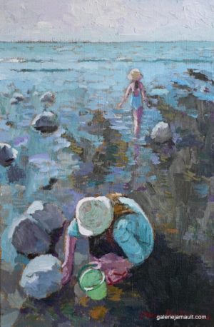 Peinture de James MACKEOWN, scène de plage