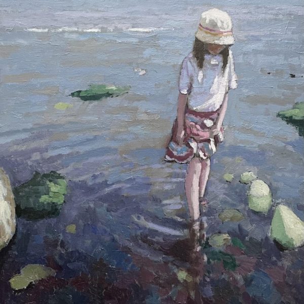 MACKEOWN – Marée basse, la fille et le bob – 15P – 65×46 – JAMAULT 🔴 (vendu) Peinture de James MACKEOWN, scène de plage