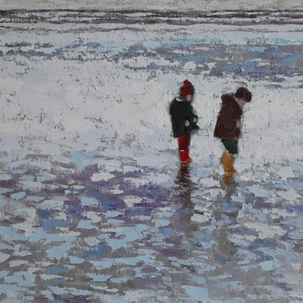 MACKEOWN – Les bottes. Rouge et jaune – 10M – 55×33 – JAMAULT 🔴 (vendu) Peinture de James MACKEOWN, scène de plage