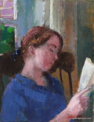 Visuel du tableau "La lectrice", peint par James MACKEOWN, représentant une lectrice assise près d'une fenêtre.