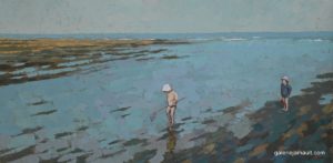 Visuel du tableau "L'épuisette", peint par James MACKEOWN, représentant deux enfants jouant dans l'eau.