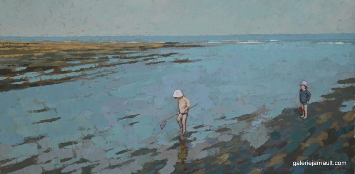 Visuel du tableau "L'épuisette", peint par James MACKEOWN, représentant deux enfants jouant dans l'eau.