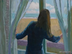 Visuel du tableau "Les rideaux le matin", peint par James MACKEOWN, représentant une jeune femme regardant la mer depuis sa fenêtre.