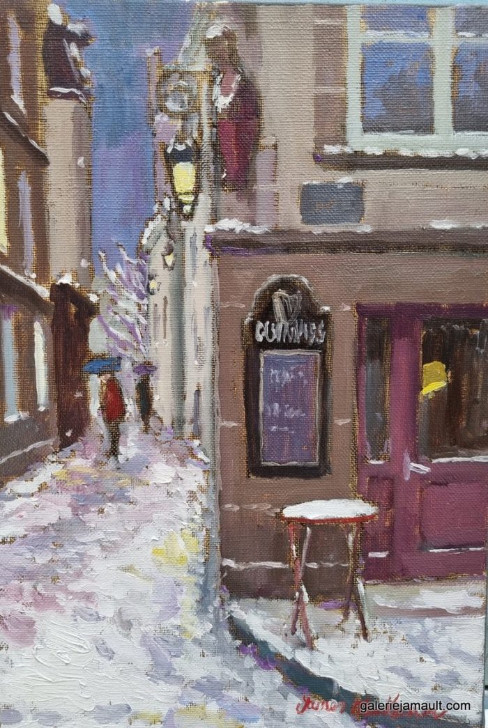 Visuel du tableau "Guinness, la neige", peint par James MACKEOWN, représentant un coin de rue enneigée avec un bar et une enseigne Guinness