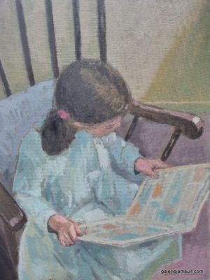 Visuel du tableau "La bande dessinée", peint par James MACKEOWN, représentant une fillette en train de lire.