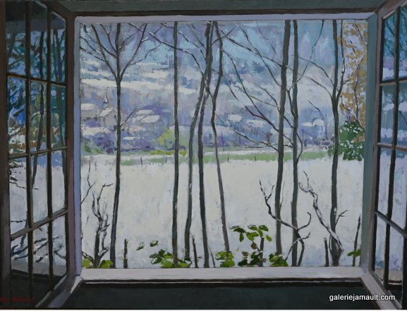 Visuel du tableau "La fenêtre, neige", peint par James MACKEOWN, représentant une fenêtre ouverte avec la vue sur un paysage enneigé.