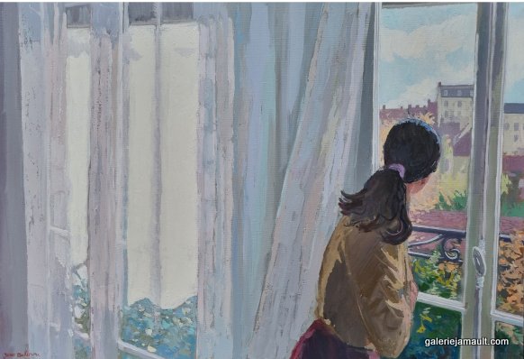 Visuel du tableau "La grande fenêtre", peint par James MACKEOWN, représentant une jeune femme regardant l'extérieur à travers la vitre de sa fenêtre.