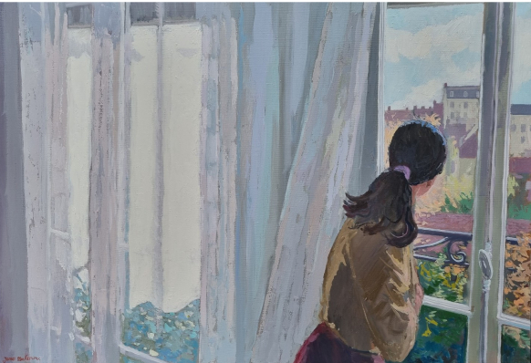 Visuel du tableau "La grande fenêtre", peint par James MACKEOWN, représentant une jeune femme regardant l'extérieur à travers la vitre de sa fenêtre. Grand format.