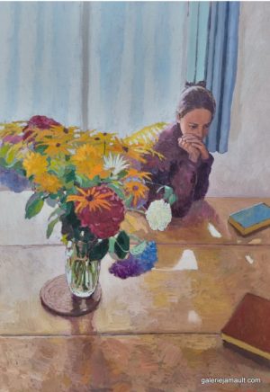 Visuel du tableau "Le bouquet", peint par James MACKEOWN, représentant une jeune femme attablée près de ses livres. Un bouquet de fleurs est posé sur la table.