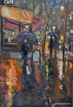 Visuel du tableau "Le café et le parapluie", peint par James MACKEOWN, représentant une vue urbaine nocturne sous la pluie, avec ses lumières.