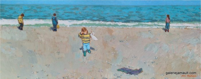 Visuel du tableau "Le doudou", peint par James MACKEOWN, représentant des enfants sur la plage, dont tenant un doudou dans sa main.