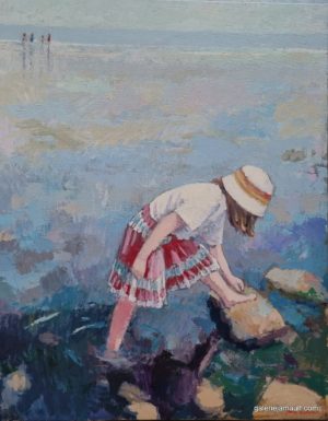Visuel du tableau "Le petit bob", peint par James MACKEOWN, représentant une enfant les pieds dans l'eau à marée basse.