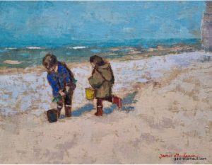 Visuel du tableau "Les deux seaux", peint par James MACKEOWN, représentant deux enfants jouant sur la plage avec des seaux.