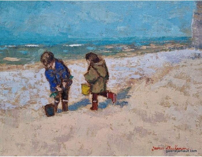 Visuel du tableau "Les deux seaux", peint par James MACKEOWN, représentant deux enfants jouant sur la plage avec des seaux.