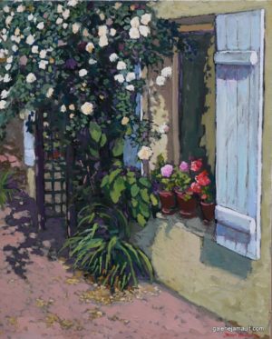 Visuel du tableau "Les roses", peint par James MACKEOWN. Vue depuis l'extérieur d'un rosier grimpant et de fleurs encadrant une fenêtre.