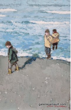 Visuel du tableau "Les trois", peint par James MACKEOWN, représentant trois enfants jouant au bord de l'eau.