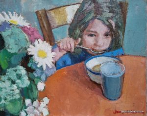 Visuel du tableau "Le petit déjeuner", peint par James MACKEOWN, représentant une enfant devant son bol, une cuillère à la bouche. Un bouquet de fleurs est posé sur la table.