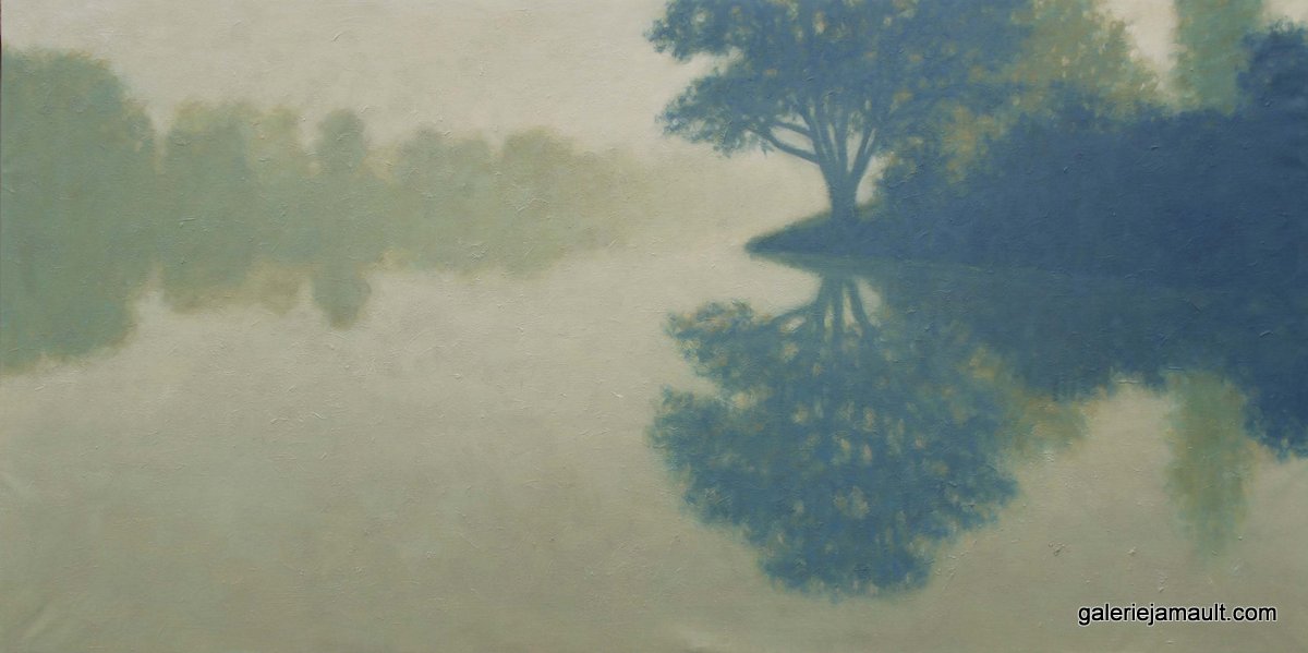 Tableau représentant des arbres au bord d'une étendue d'eau et leurs reflets