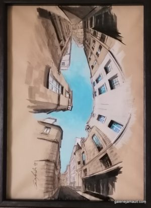 Dessin encadré de Guillaume Chansarel - Vue d'une rue de Paris. Série Reverso : l'oeuvre peut-être accrochée dans ses quatre sens.