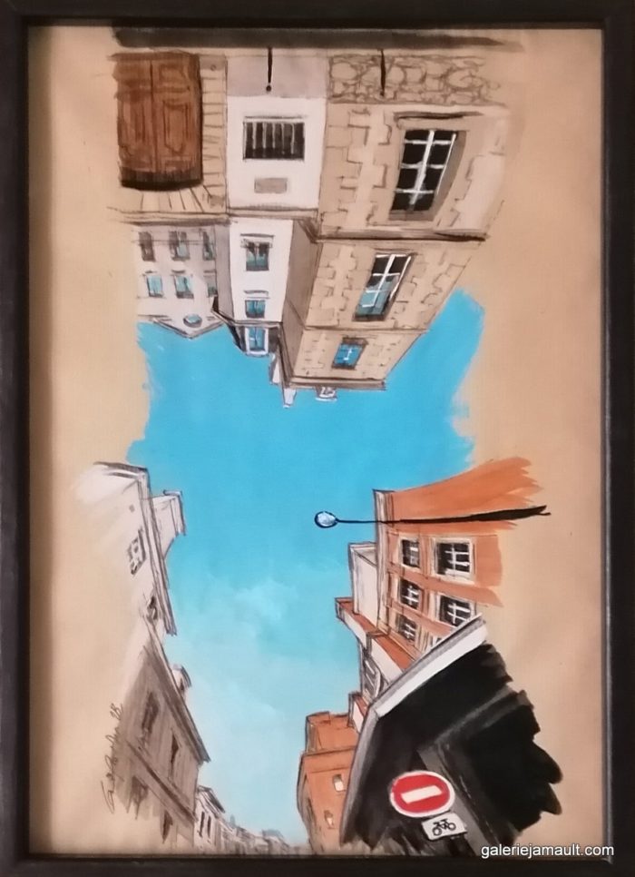 Dessin encadré de Guillaume Chansarel - Vue d'une rue de Paris, avec ciel bleu et sens interdit. Série Reverso : l'œuvre peut-être accrochée dans ses quatre sens.