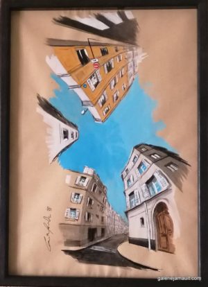 Dessin encadré de Guillaume Chansarel - Vue d'une rue de Paris avec intersection. Série Reverso : l'œuvre peut-être accrochée dans ses quatre sens.