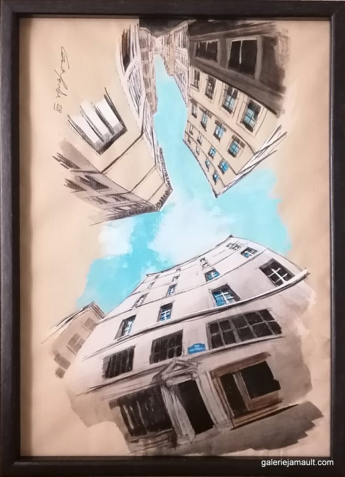 Dessin encadré de Guillaume Chansarel - Vue d'une intersection de rues de Paris. Série Reverso : l'œuvre peut-être accrochée dans ses quatre sens.