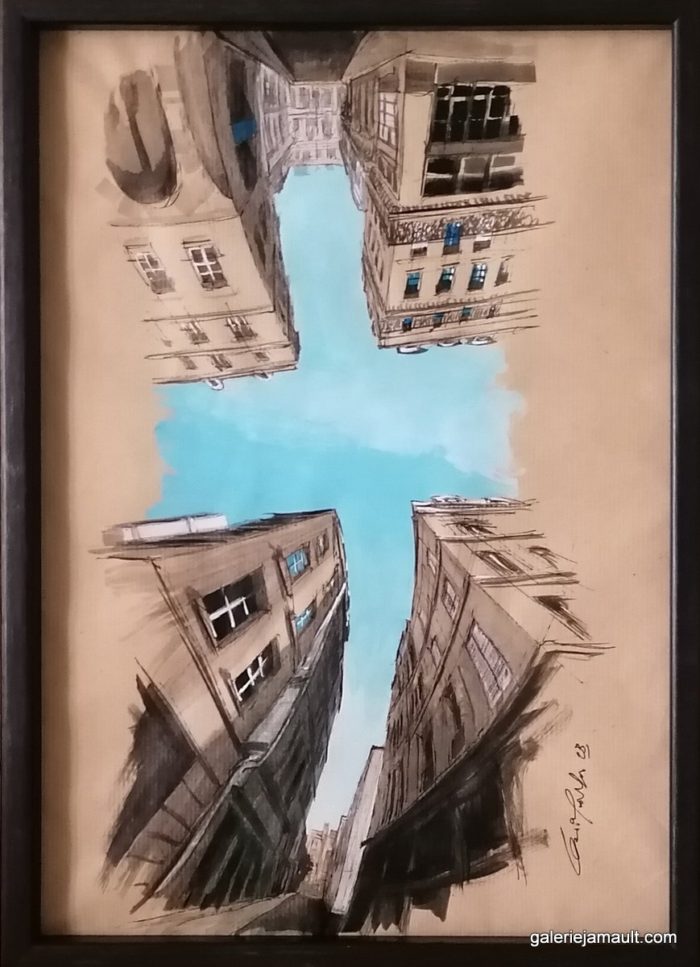 Dessin encadré de Guillaume Chansarel - Vue d'une rue de Paris, avec ciel bleu formant une croix. Série Reverso : l'œuvre peut-être accrochée dans ses quatre sens.