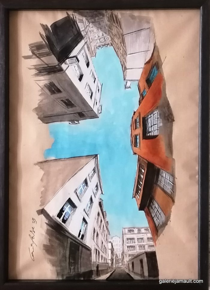 Dessin encadré de Guillaume Chansarel - Vue d'une rue de Paris, avec bâtiment rouge sur le côté. Série Reverso : l'œuvre peut-être accrochée dans ses quatre sens.