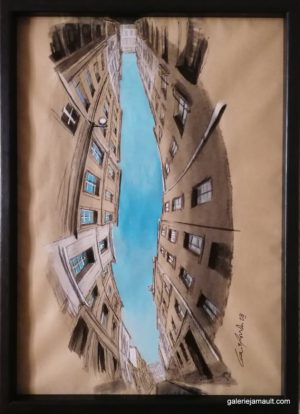 Dessin encadré de Guillaume Chansarel - Vue d'une rue de Paris, avec ciel bleu. Série Reverso : l'œuvre peut-être accrochée dans ses quatre sens.