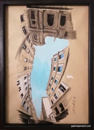 Dessin encadré de Guillaume Chansarel - Vue d'une rue de Paris, avec bâtiment ancien. Série Reverso : l'œuvre peut-être accrochée dans ses quatre sens.