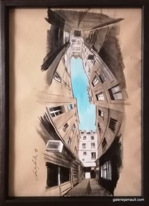 Dessin encadré de Guillaume Chansarel - Vue d'une rue de Paris, avec commerces. Série Reverso : l'œuvre peut-être accrochée dans ses quatre sens.