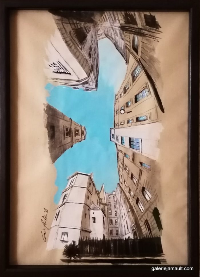 Dessin encadré de Guillaume Chansarel - Vue d'une rue de Paris, intersection et ciel bleu. Série Reverso : l'œuvre peut-être accrochée dans ses quatre sens.