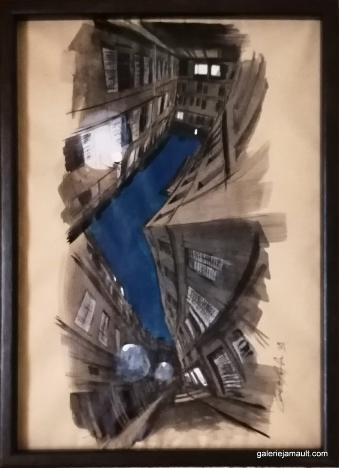 Dessin encadré de Guillaume Chansarel - Vue d'une rue de Paris, la nuit. Série Reverso : l'œuvre peut-être accrochée dans ses quatre sens.