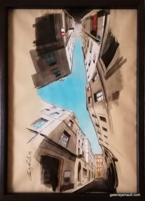 Dessin encadré de Guillaume Chansarel - Vue d'une rue de Paris, avec porte rouge. Série Reverso : l'œuvre peut-être accrochée dans ses quatre sens.