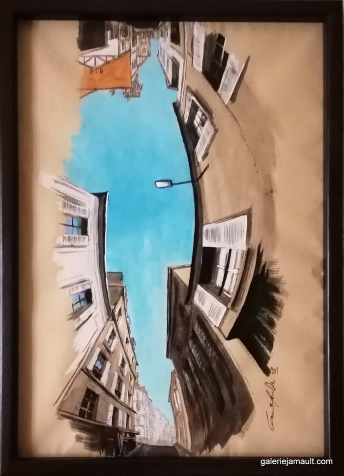 Dessin encadré de Guillaume Chansarel - Vue d'une rue de Paris, avec volets blancs et bâtiment orange. Série Reverso : l'œuvre peut-être accrochée dans ses quatre sens.
